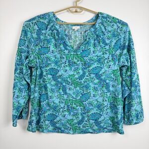 J. Jill Blue Green Paisley Floral Cotton Modal Split Neck Top Large